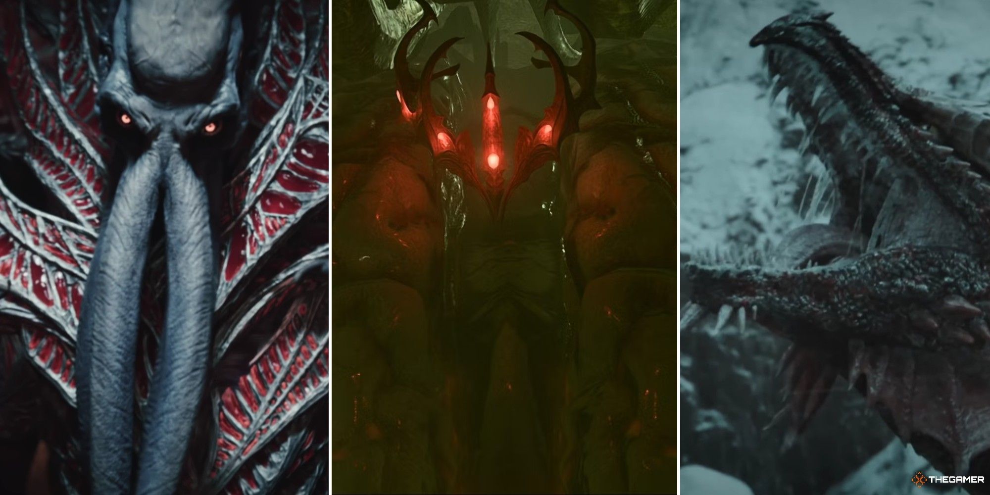 Baldur's Gate 3 Collage mit Mind Flyer, Motherbrain und rotem Drachen