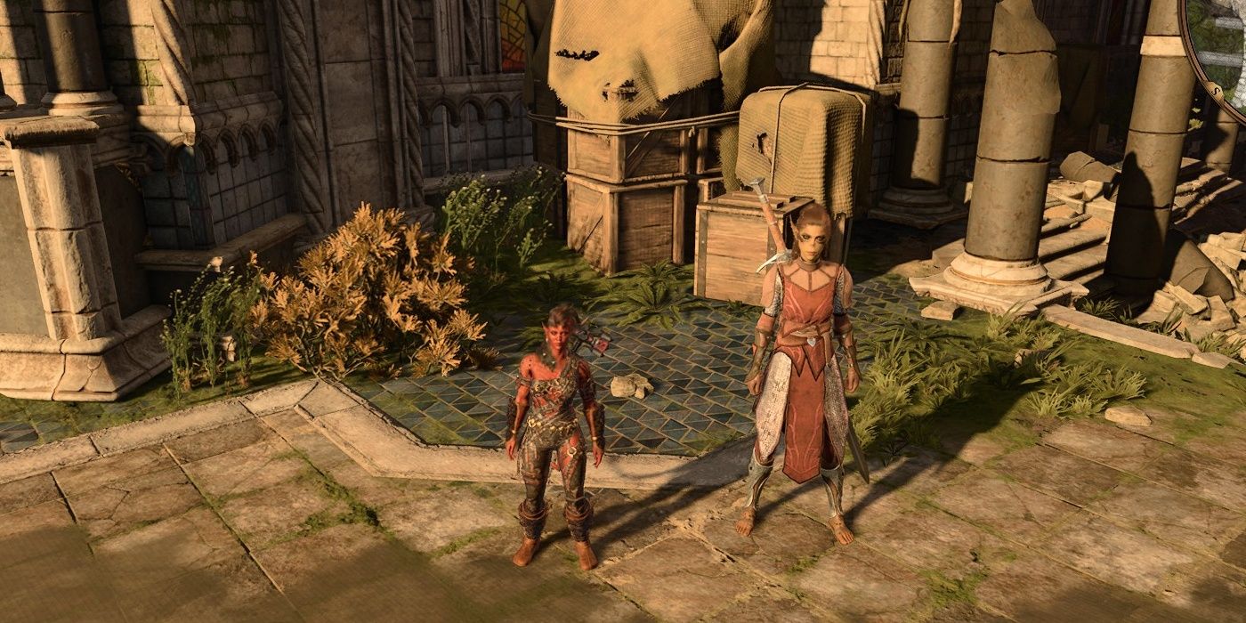 Karlach shrunk in size, standing next to Lae'zel in Baldur's Gate 3