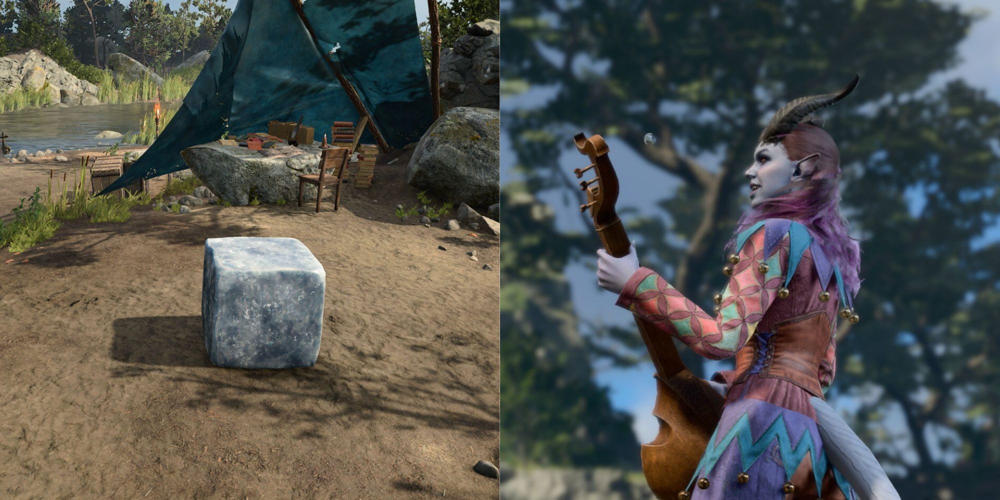 A split image of a blue and white ice cube sitting in the sun, and a Tiefling bard in multicolored, festive clothing playing a lute.