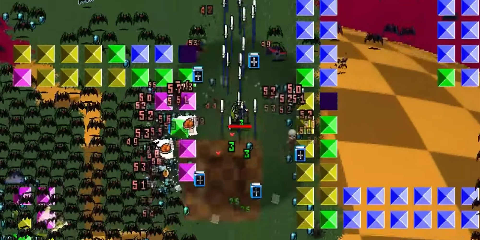 bat country map with waves of bats swarming the player and blue and yellow blocks