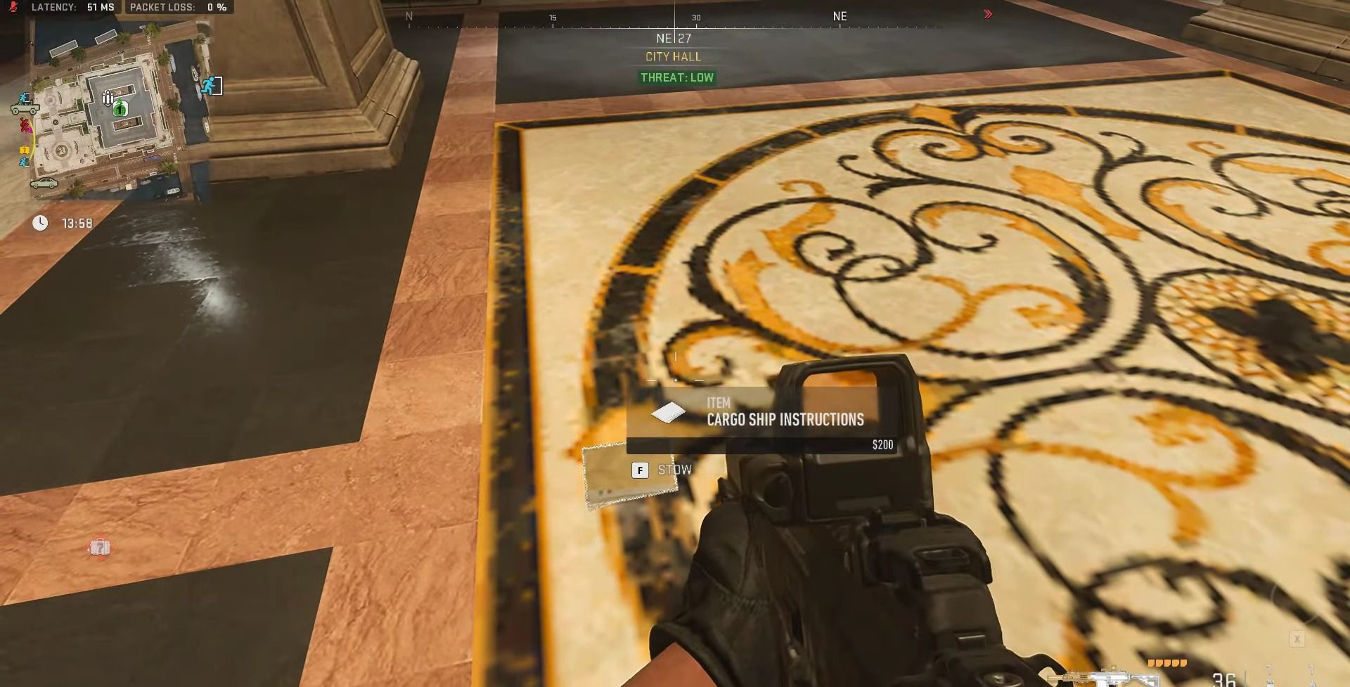 A player aiming at Cargo ship instructions on the ground in COD Warzone 2 DMZ.