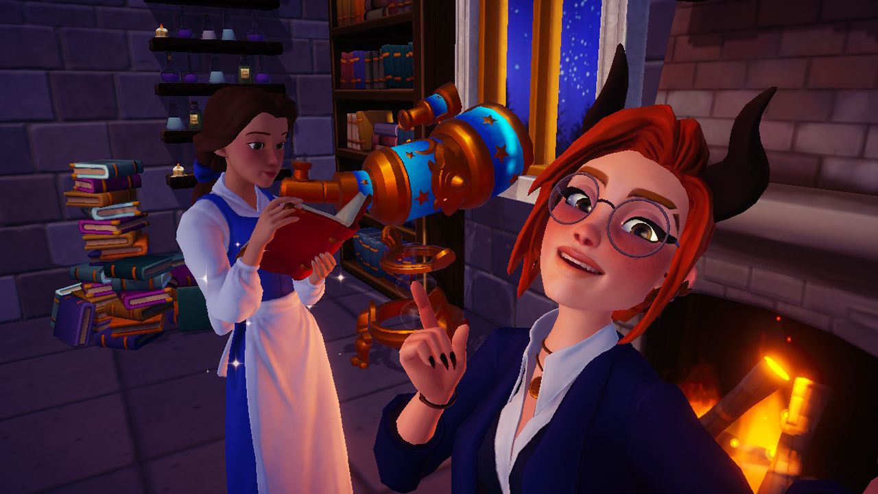 Belle and the Avatar in the library in Disney Dreamlight Valley