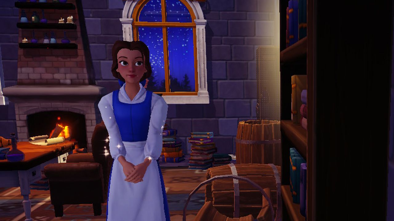 Belle in the library in Disney Dreamlight Valley