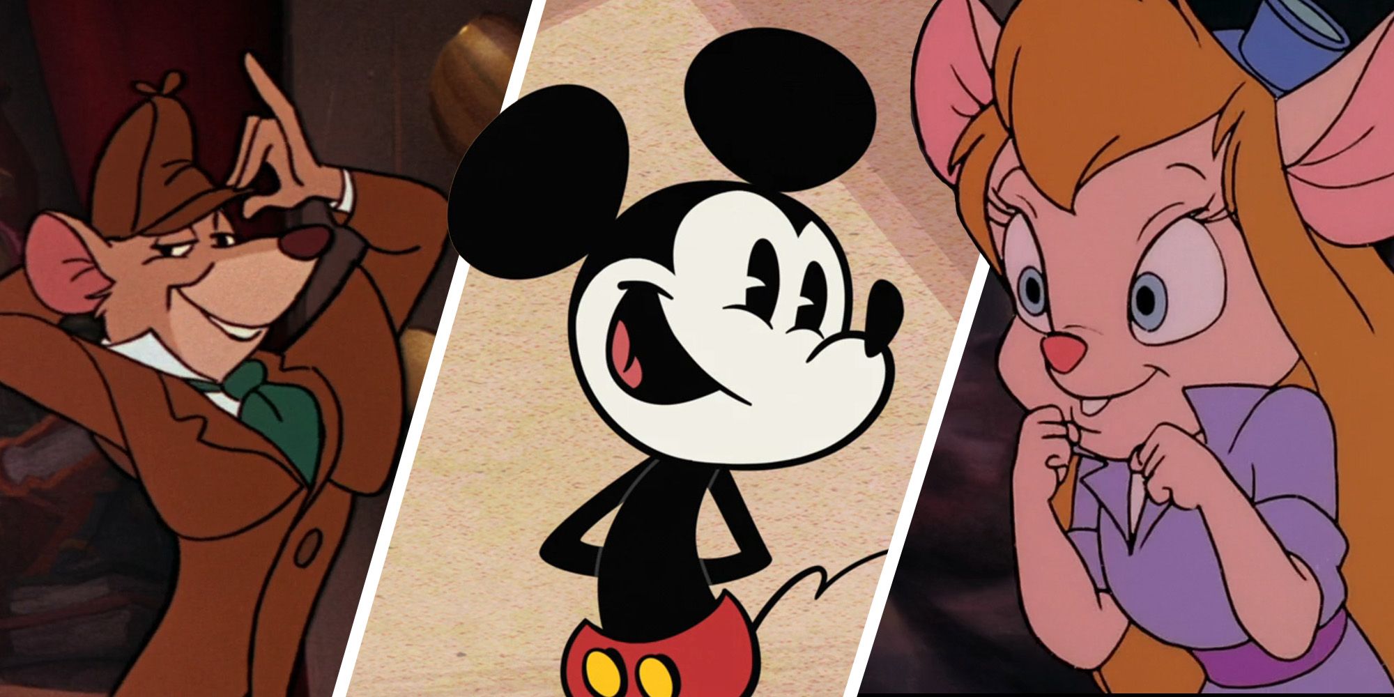 Best Mice In Disney Movies- Split Image Of Basil From The Great Mouse Detective, Mickey Mouse, And Gadget From Chip N Dale Rescue Rangers