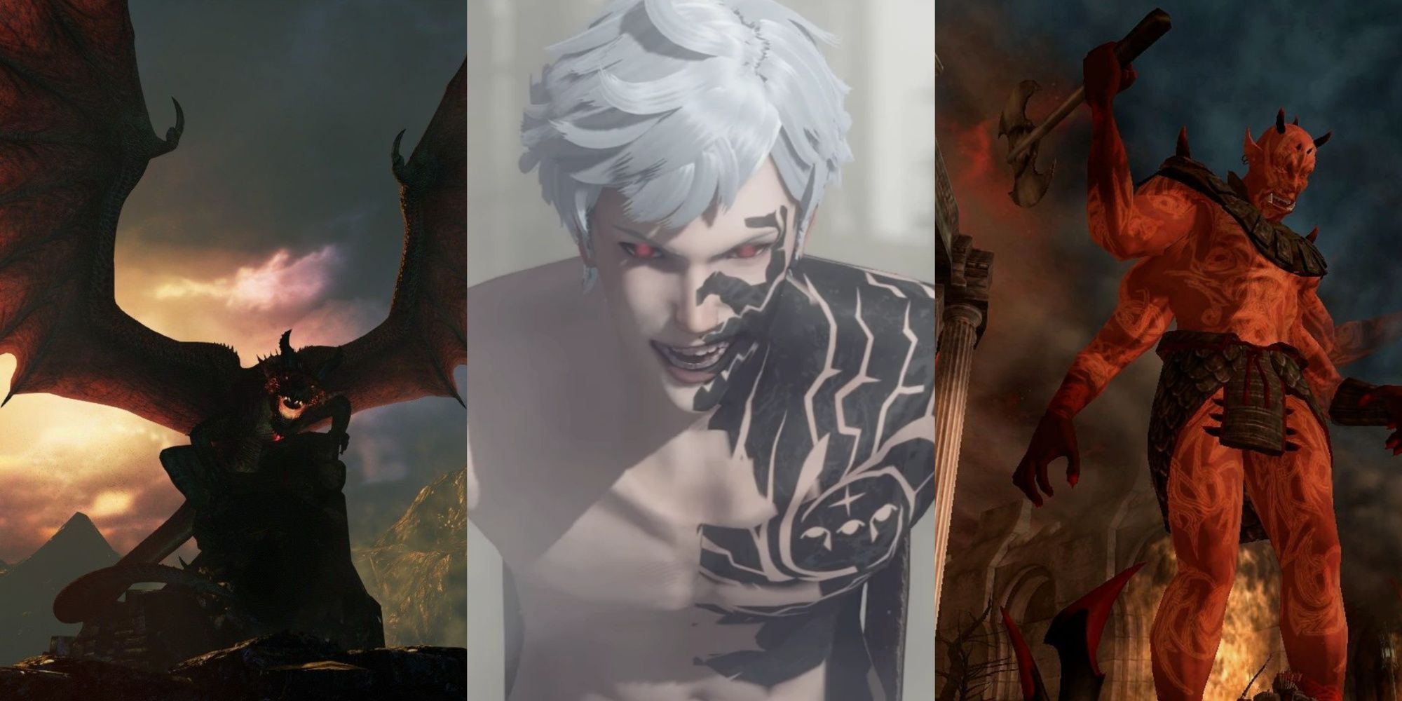Grigori roaring while the sunsets in Dragon's Dogma, Eve from Nier Automata screaming as his eyes turn red, and Mehrunes Dagon stomping in the Imperial City of Oblivion, left to right