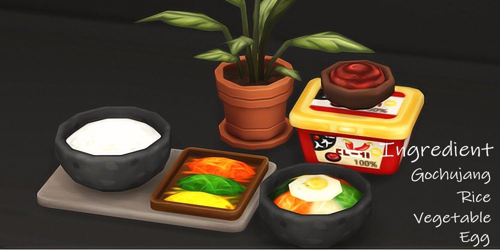 Screenshot of The Sims 4 showing a serving of bibimbap alongside a houseplant and some ingredients. A list of the ingredients for the recipe is shown in the right bottom corner.