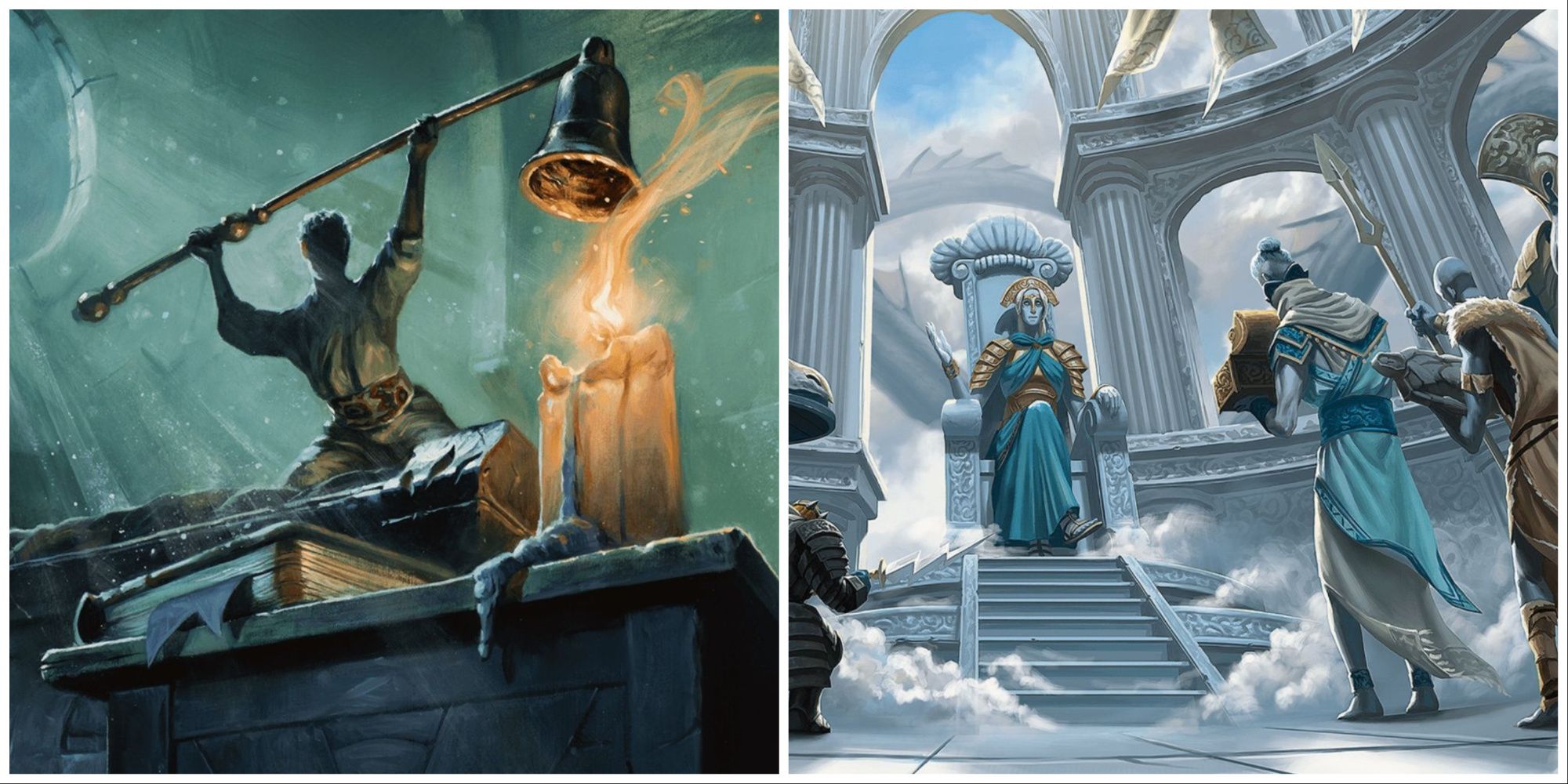 Left Image: A humanoid figure lifts a giant-sized candle snuffer above their head while standing on a giant-sized desk. Right image: A group of giants gathers in a Hellenistic style building in the sky.