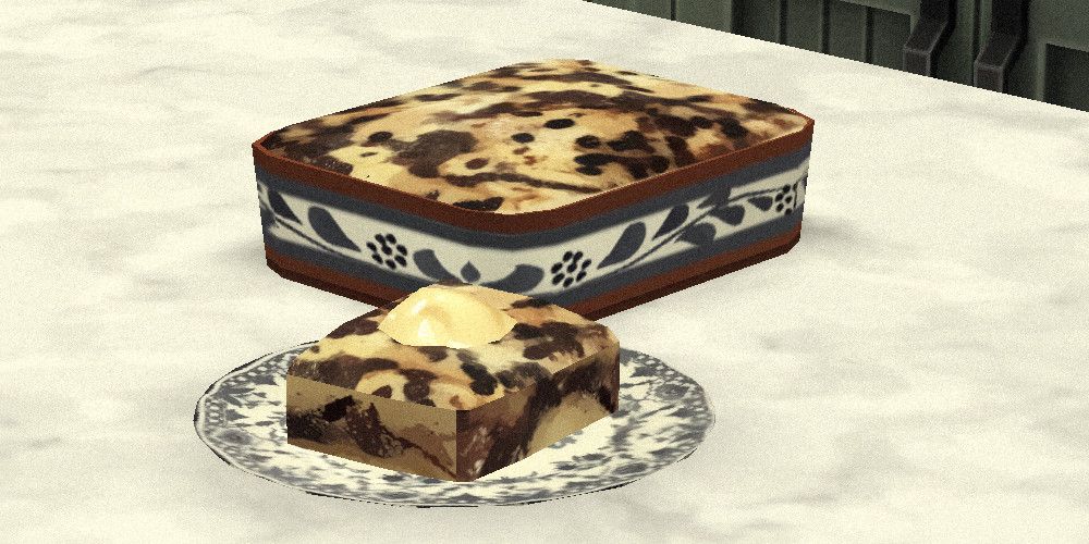 Screenshot of The Sims 4 showing bread and butter pudding on a countertop.