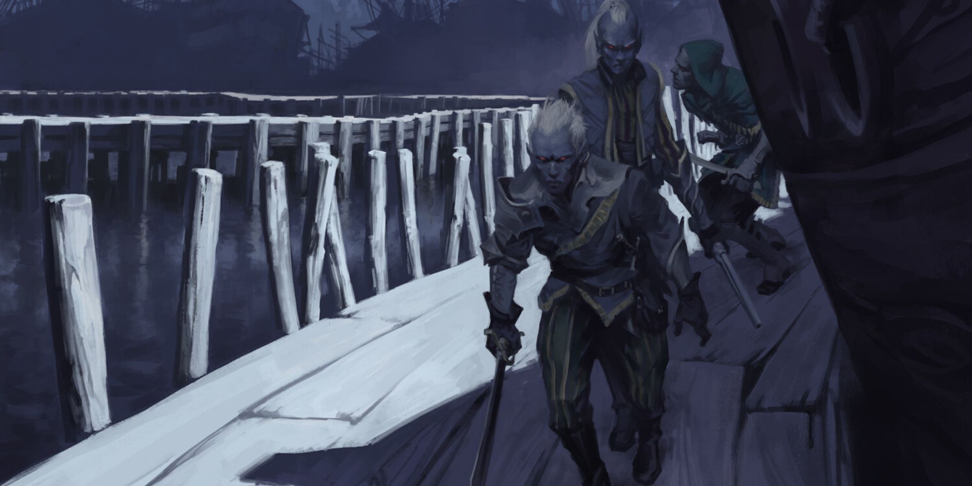 D&D artwork of Bregan D’aerthe and their team sneaking past a ship