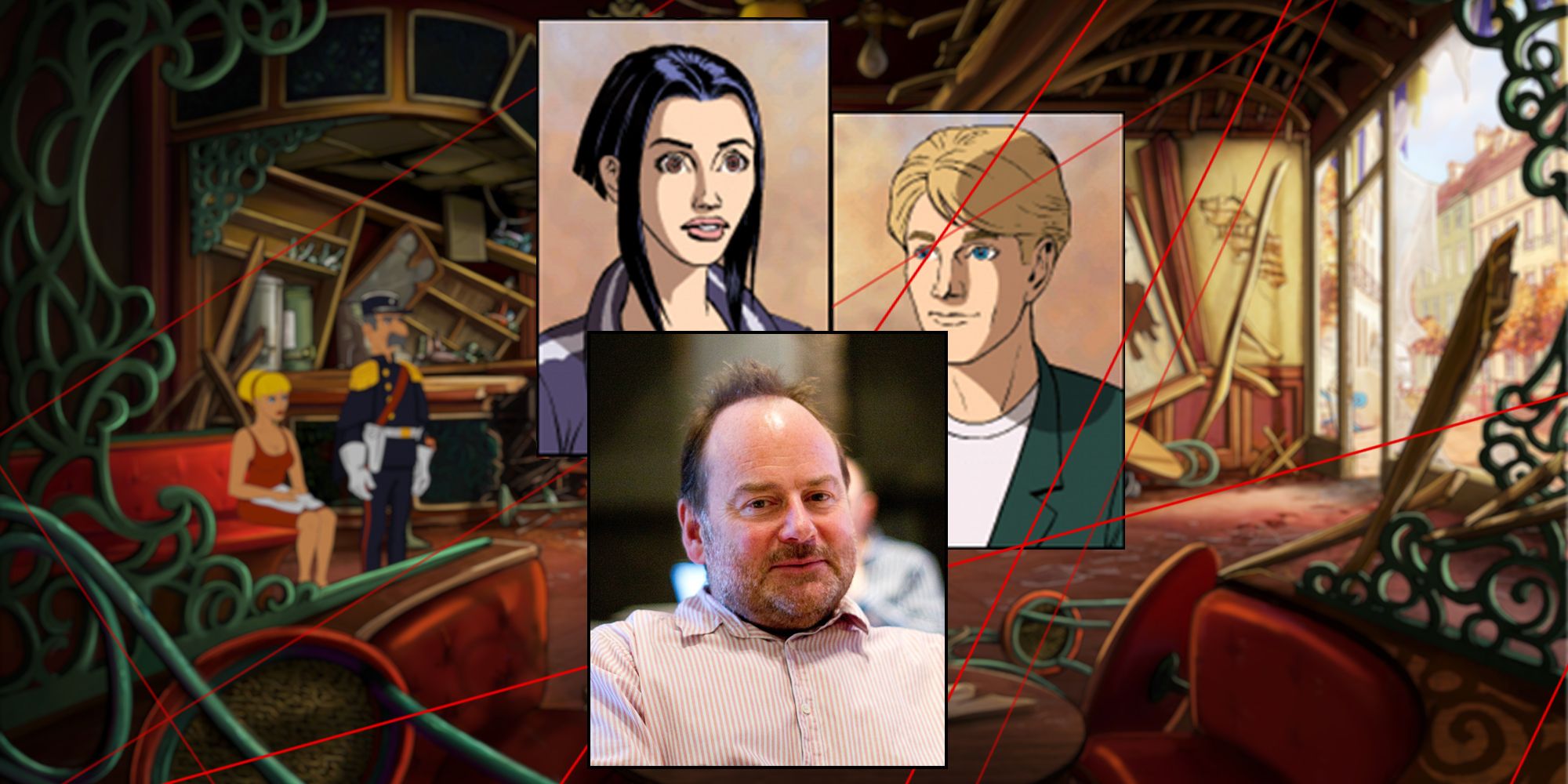 Charles Cecil, Revolution Software founder and Broken Sword Creator, on a Broken Sword background that shows George and Nico.