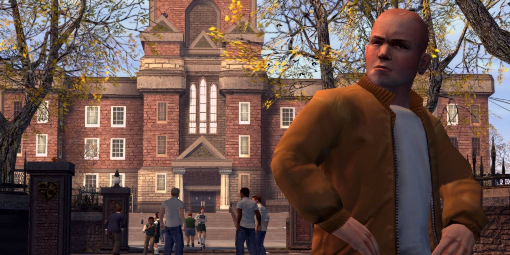 Jimmy from Bully standing in front of Bullworth Academy