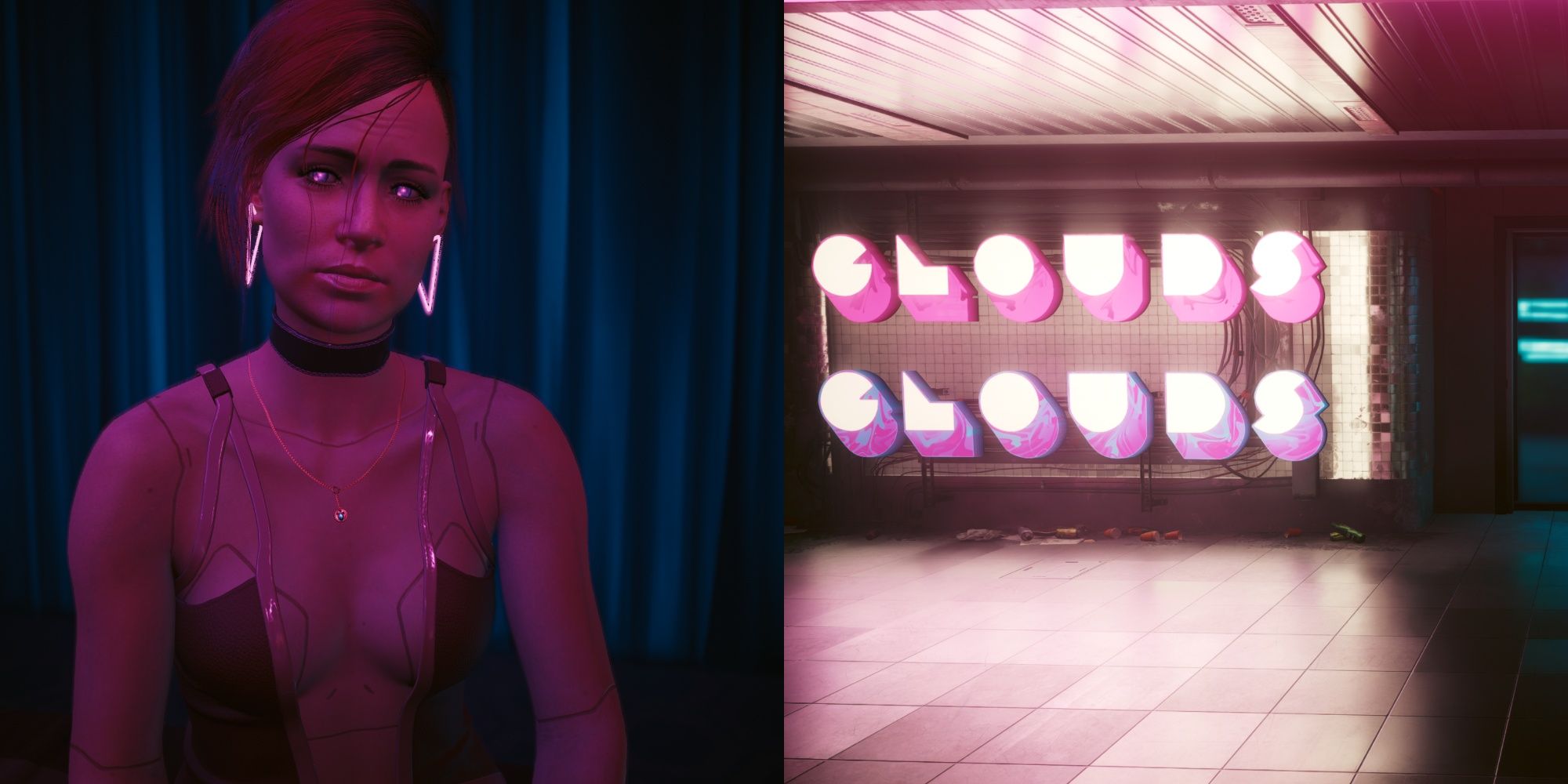 Collage image of a doll and the Clouds club in Cyberpunk 2077.