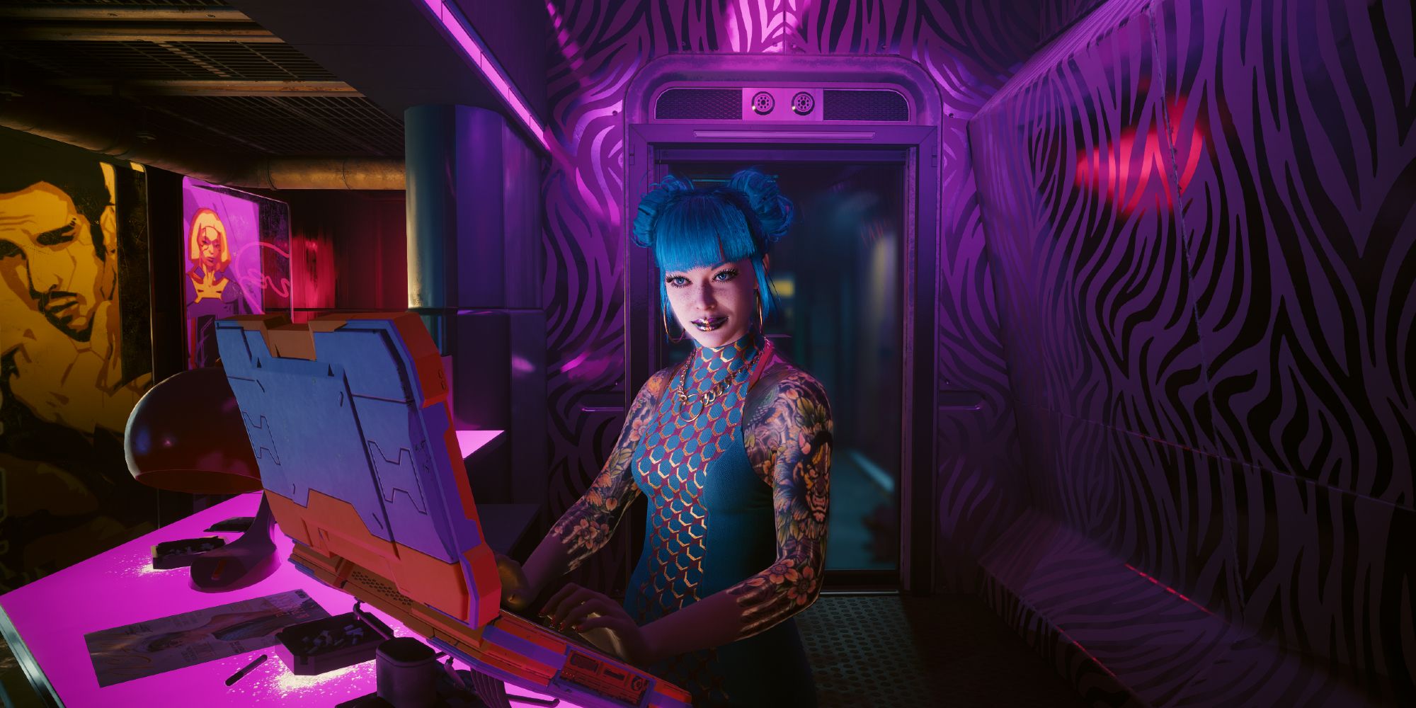 Clouds' receptionist receiving V in Cyberpunk 2077.