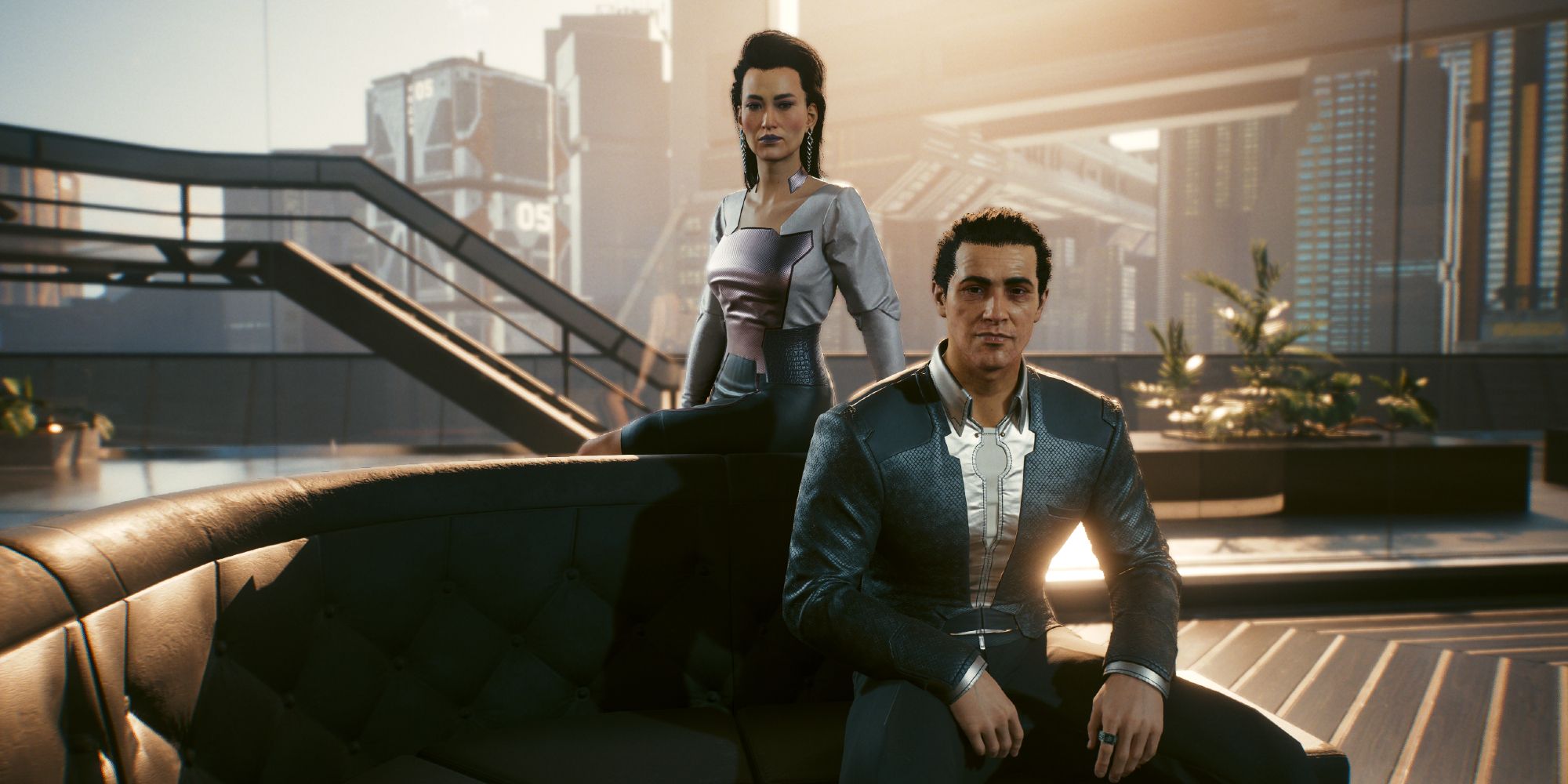 Jefferson And Elizabeth Peralez sitting together in their apartment in Cyberpunk 2077.