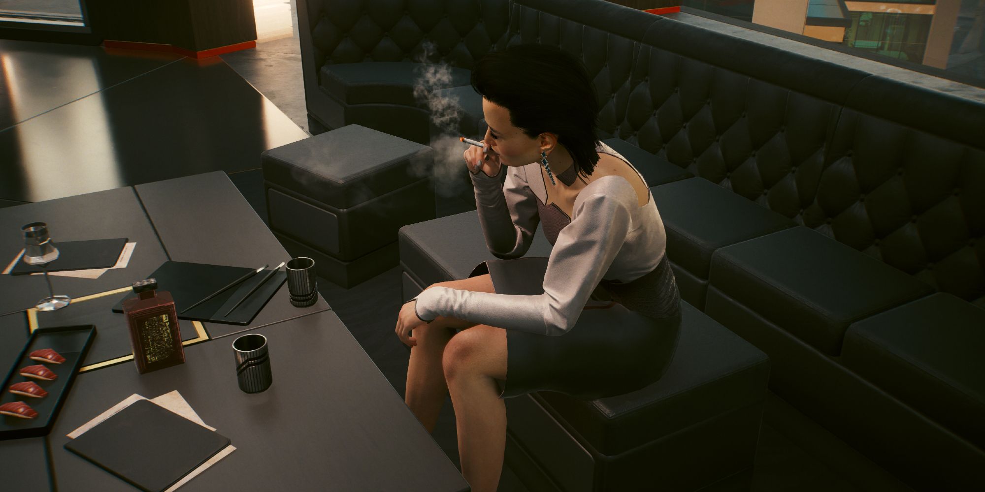 A stressed Elizabeth Peralez smoking a cigarette sitting in a sofa in Cyberpunk 2077.