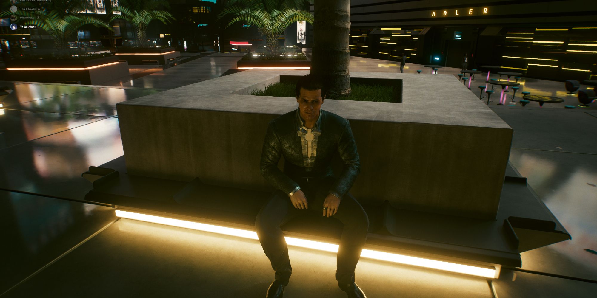Jefferson Peralez sitting on a bench in Cyberpunk 2077.