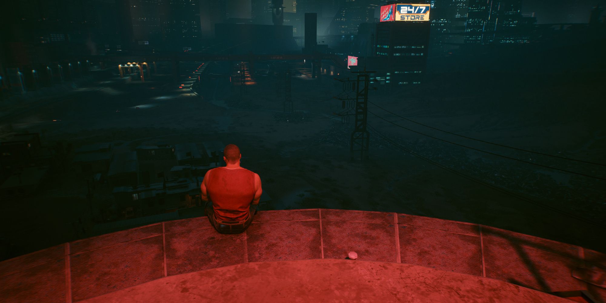 River sitting on top of the water tower in Cyberpunk 2077.