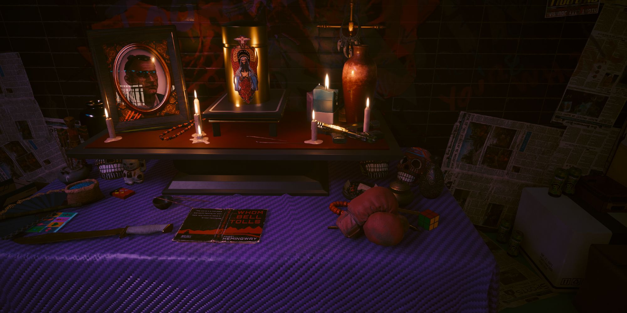 An altar full of offerings honoring Jackie Welles in Cyberpunk 2077.