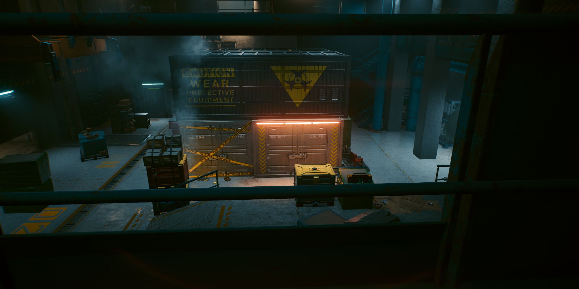 A warehouse with a suspicious door in Cyberpunk 2077.