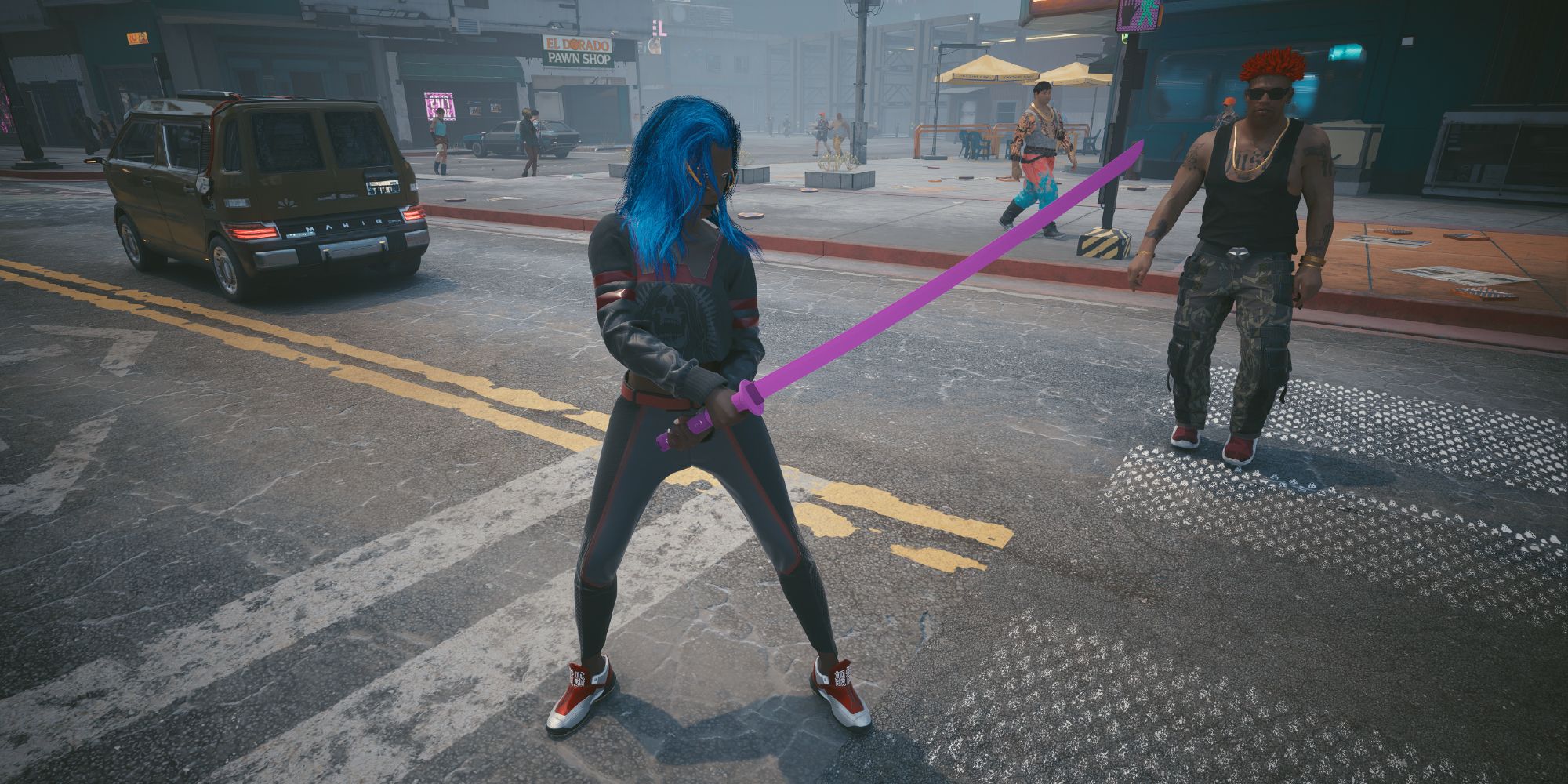 V holding the Cocktail Stick Iconic weapon in Cyberpunk 2077.