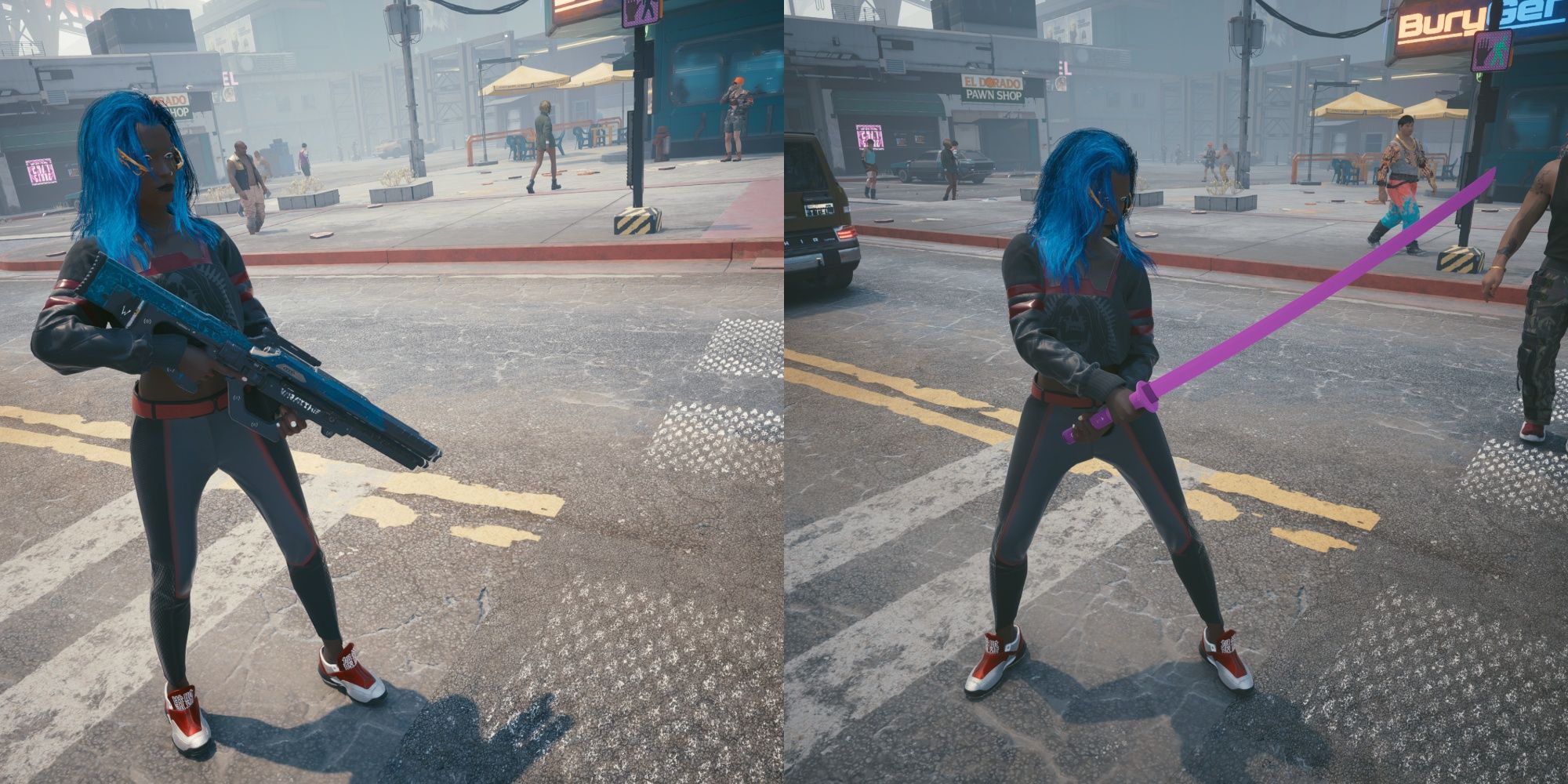 Collage image of V holding two iconic weapons in Cyberpunk 2077.