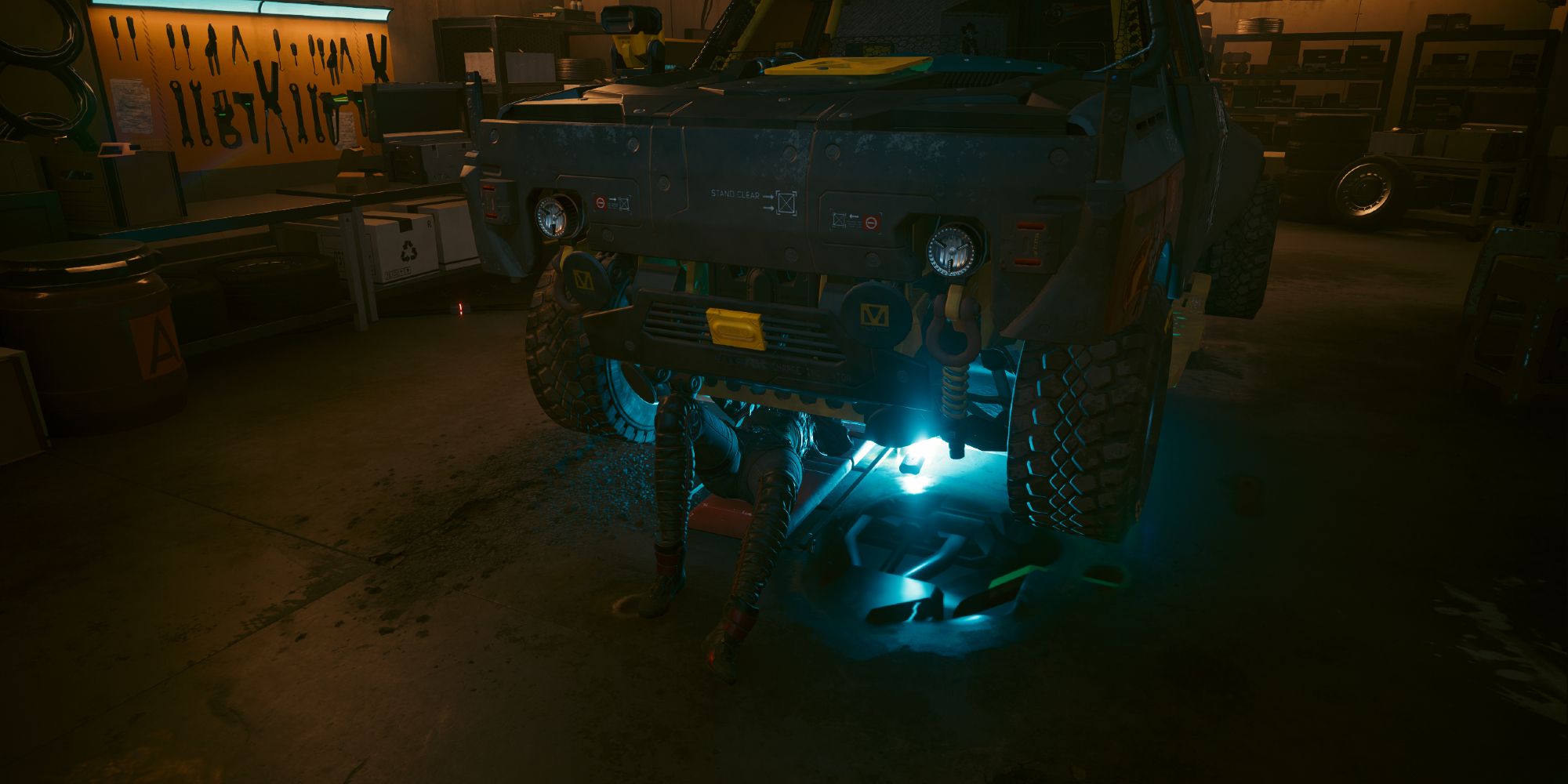 Panam doing a check on her vehicle in Cyberpunk 2077.