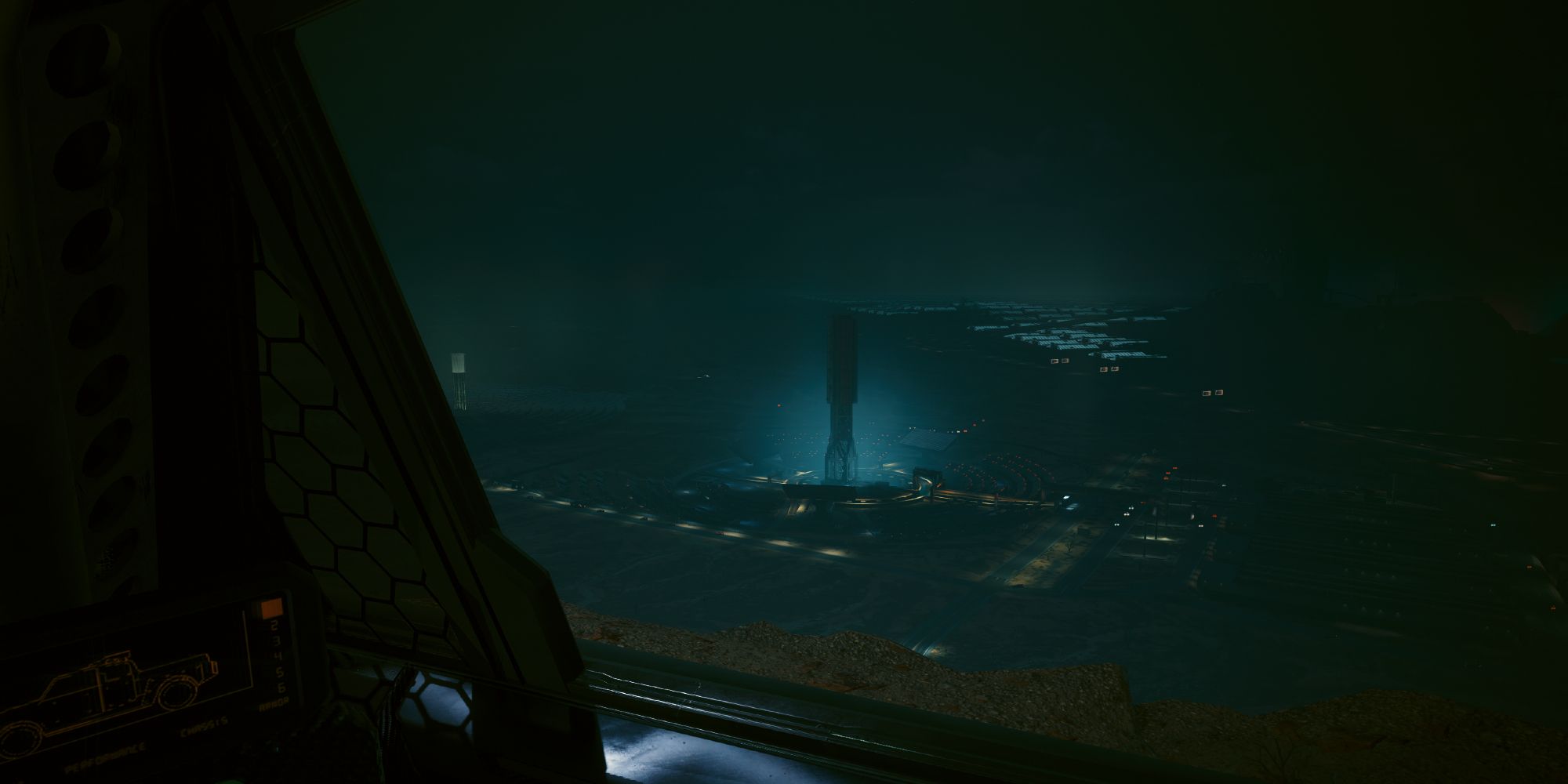 V looking at the power station from afar in Cyberpunk 2077.