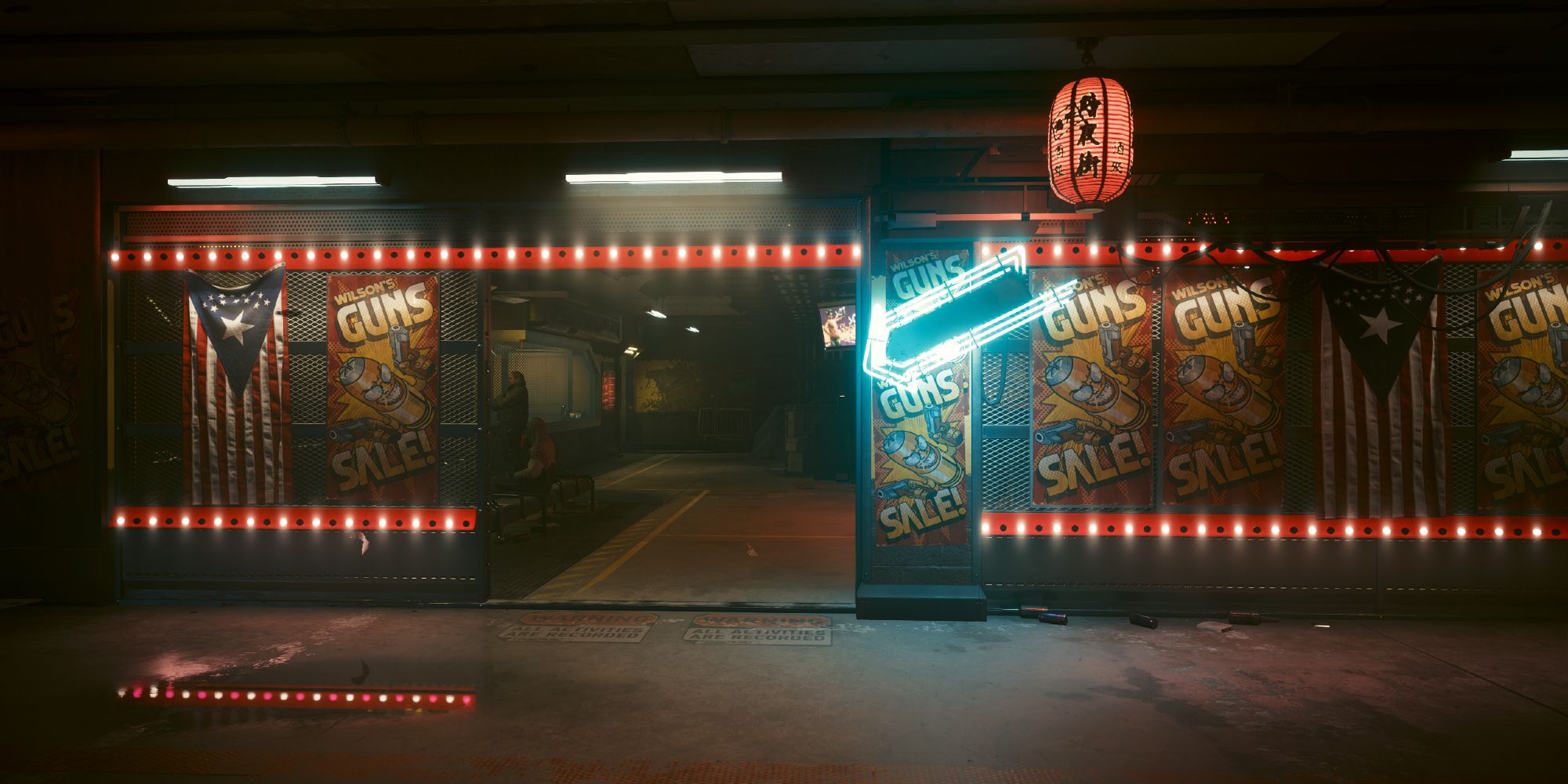Shooting range with festive signs in Cyberpunk 2077.
