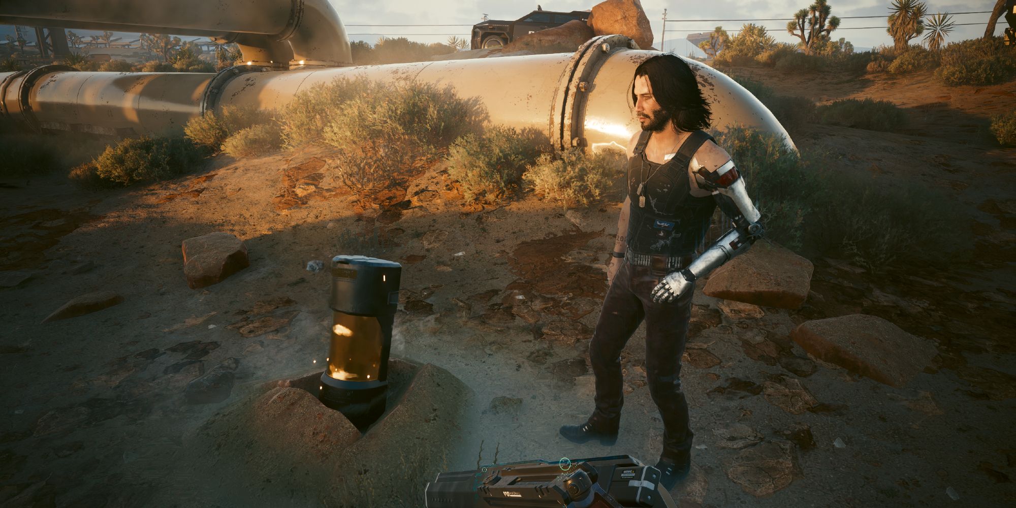 Johnny Silverhand observing a capsule pod in Cyberpunk 2077