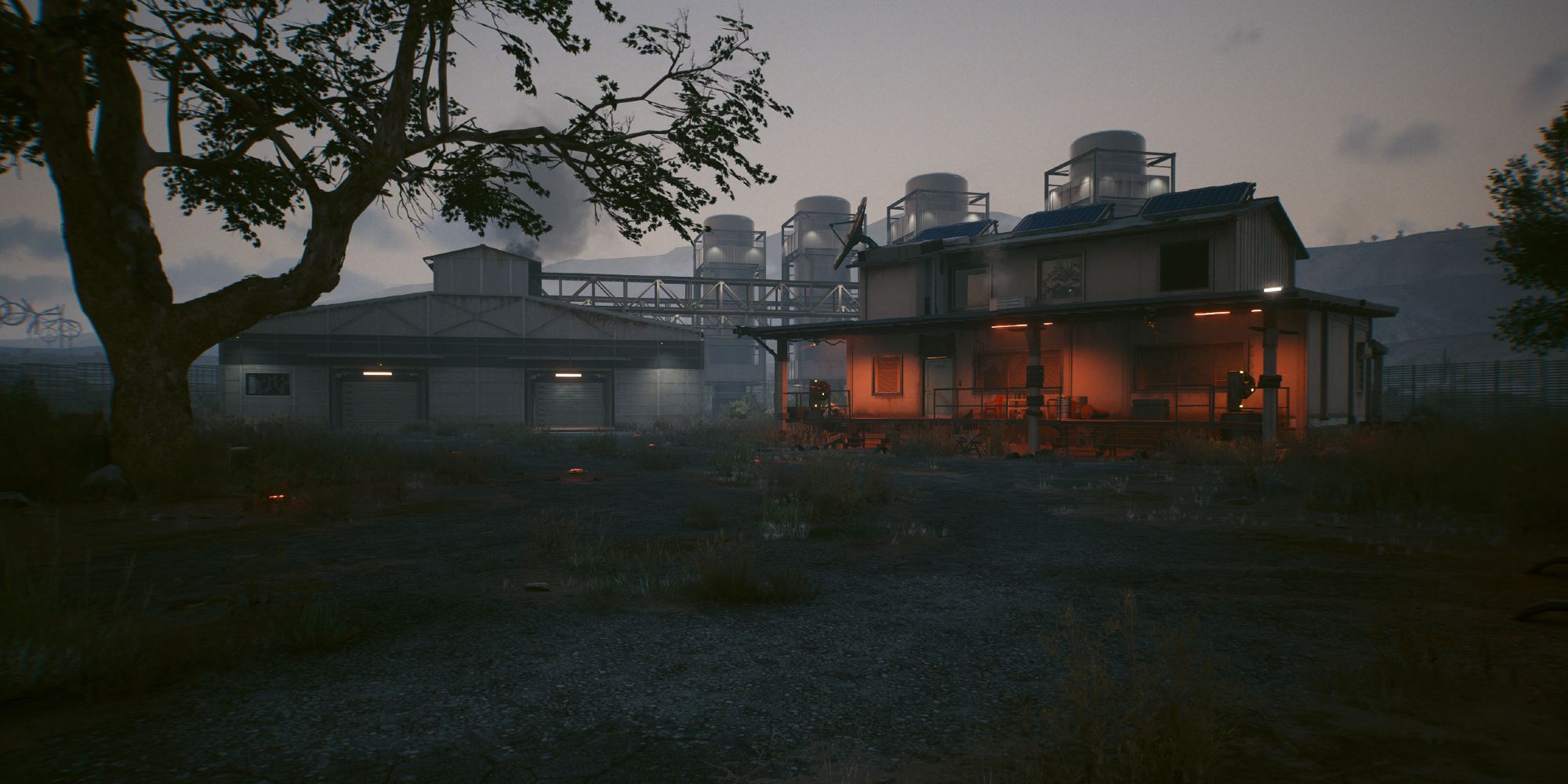 Edgewood Farm, with a barn, a house, several turrets and active mines in Cyberpunk 2077.