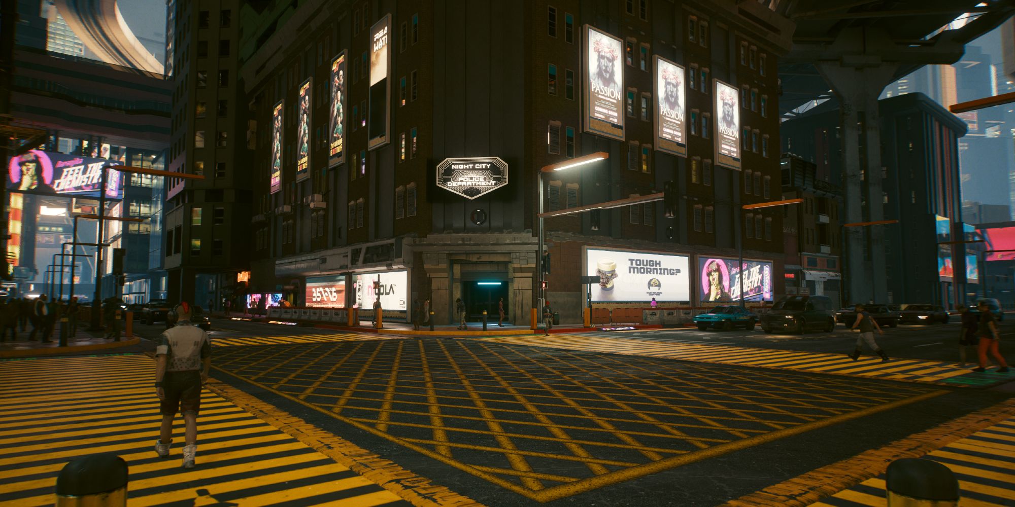 The main NCPD offices in Cyberpunk 2077, seen from afar.