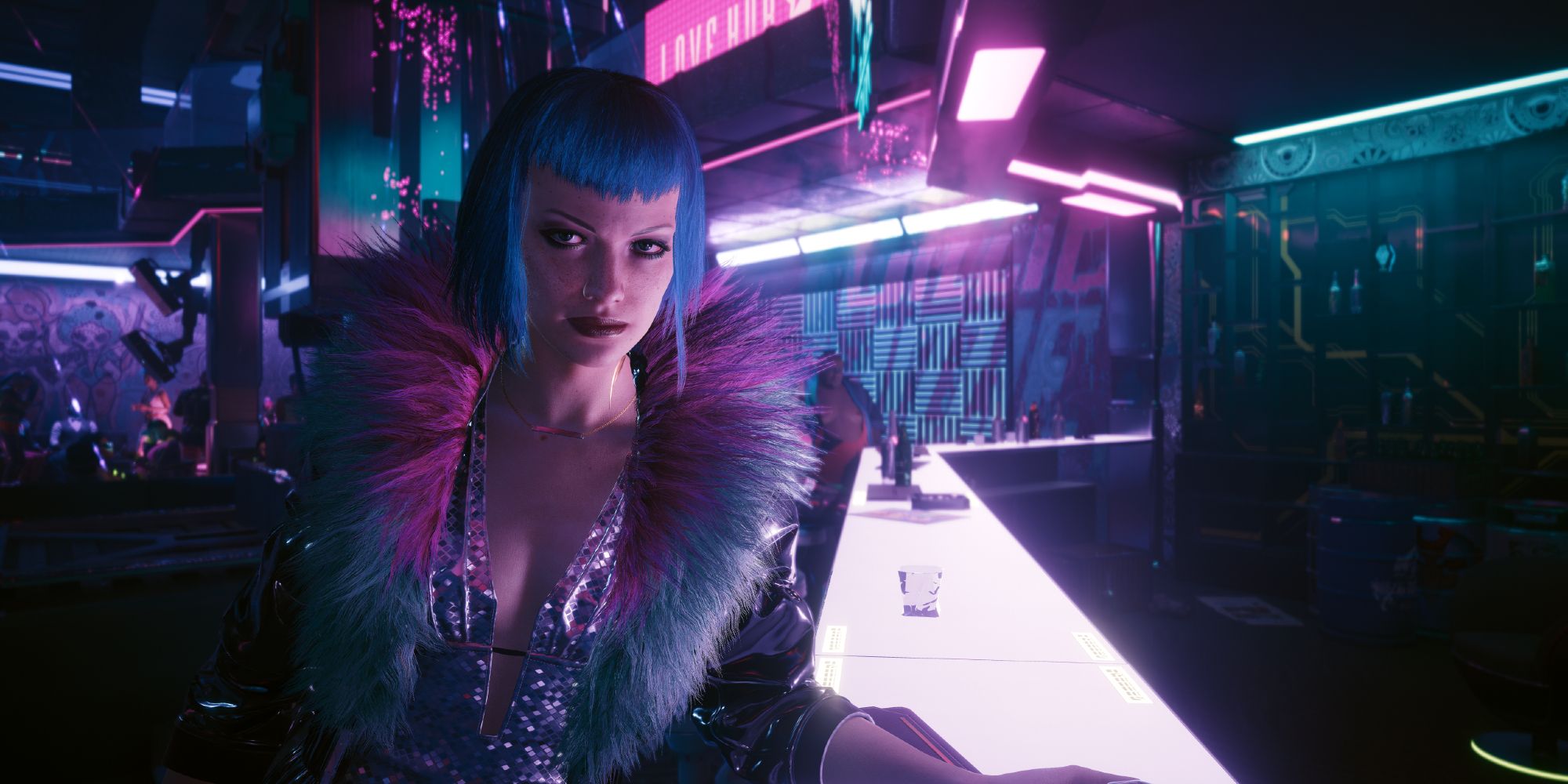 Evelyn Parker sitting at a bar in Cyberpunk 2077.