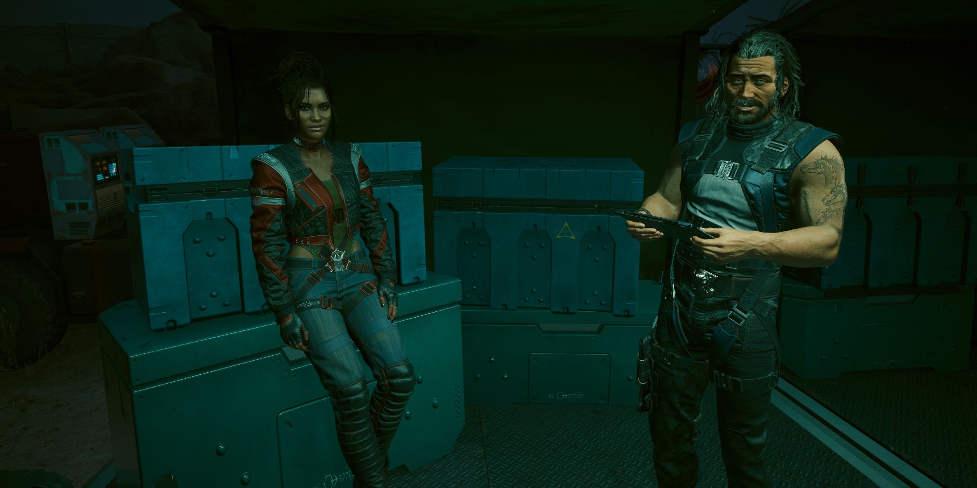 Panam and Saul in the Aldecaldos Camp in Cyberpunk 2077.
