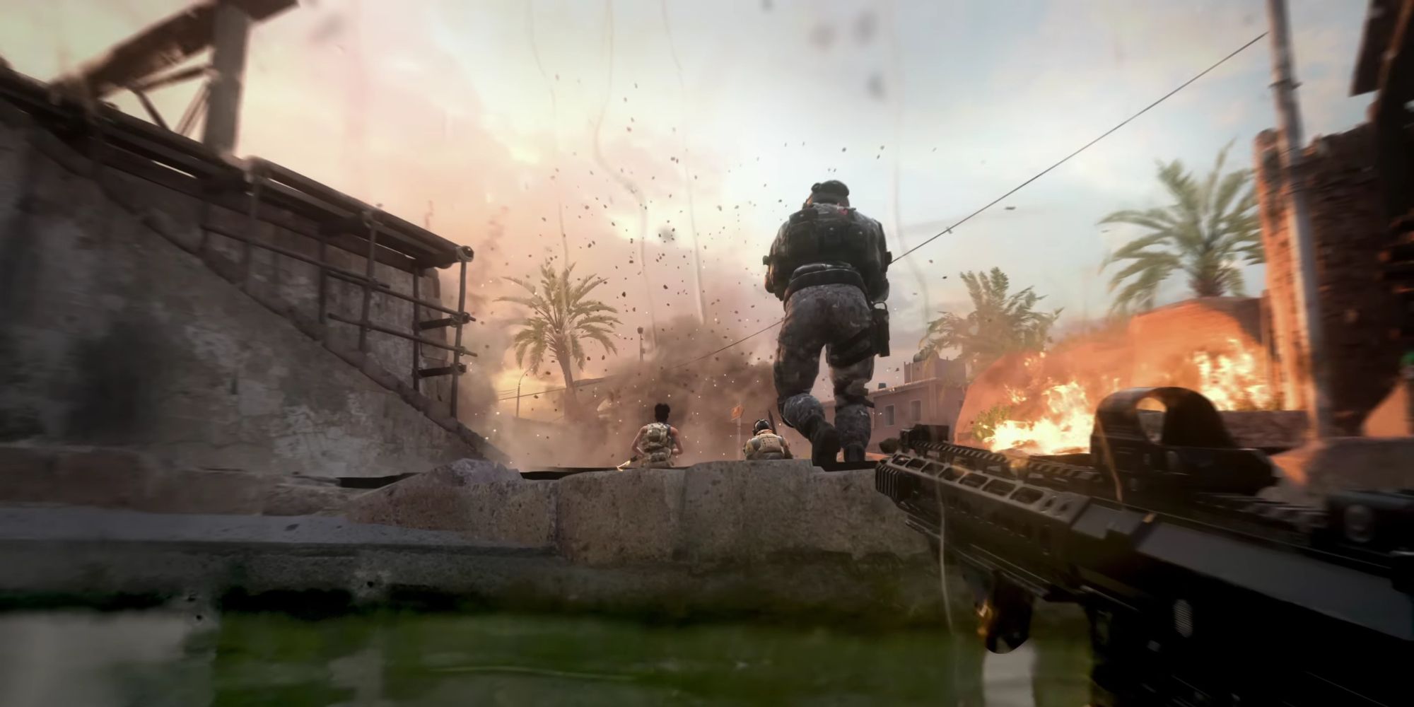 A gameplay screenshot of a player swimming with their weapon near an explosion in COD Warzone DMZ.