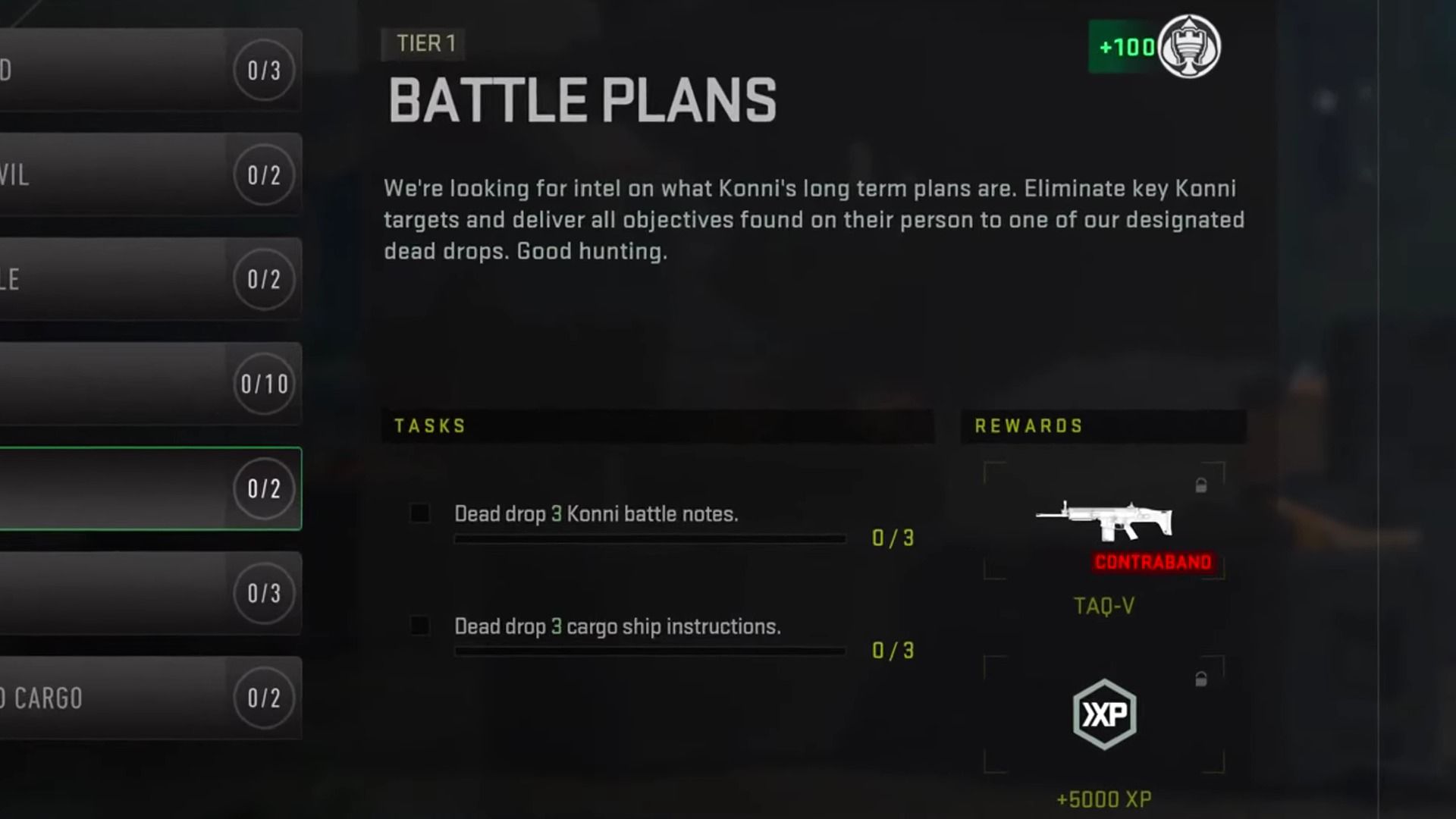 A menu screenshot of the Battle Plans mission objectives and rewards in COD Warzone DMZ.