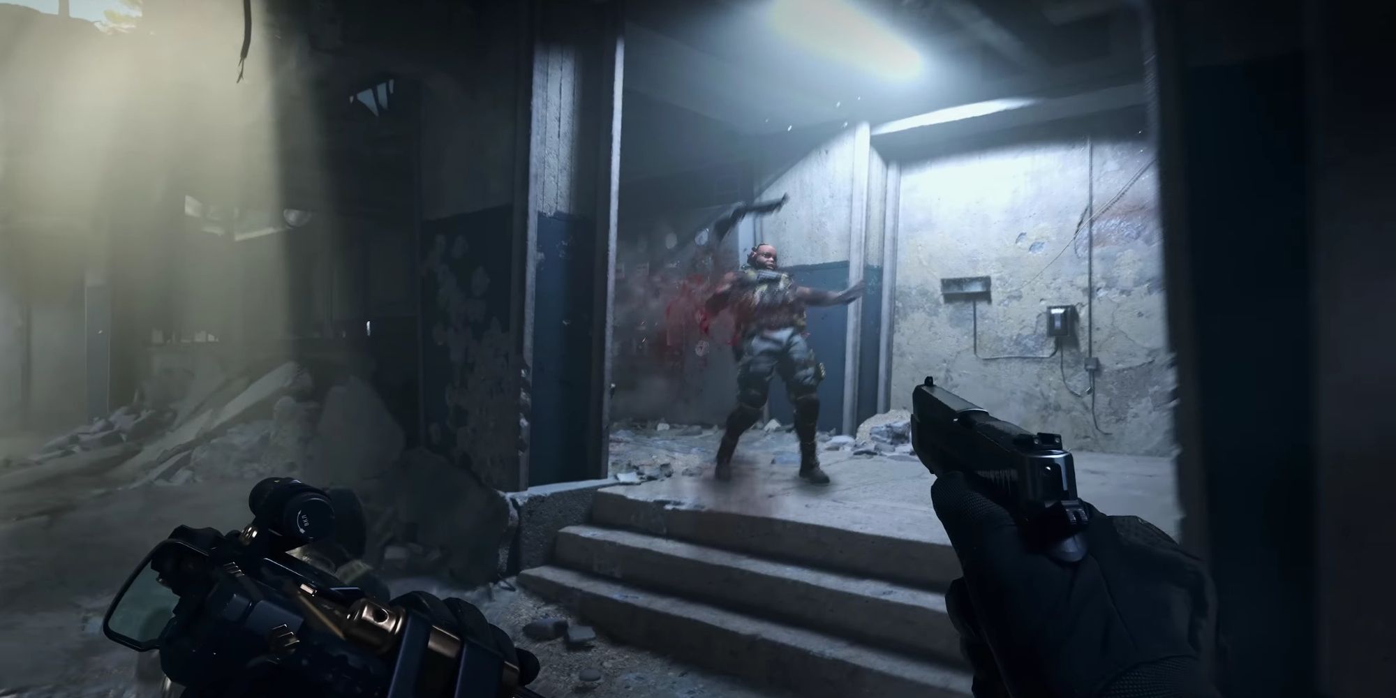 A player shooting at a hosile enemy using a pistol in COD Warzone 2.