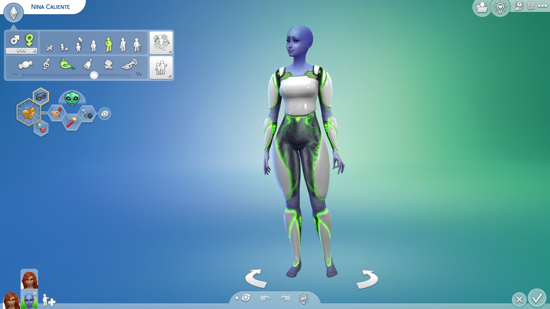 An image of an alien sim and a human sim in Sims 4's CAS.