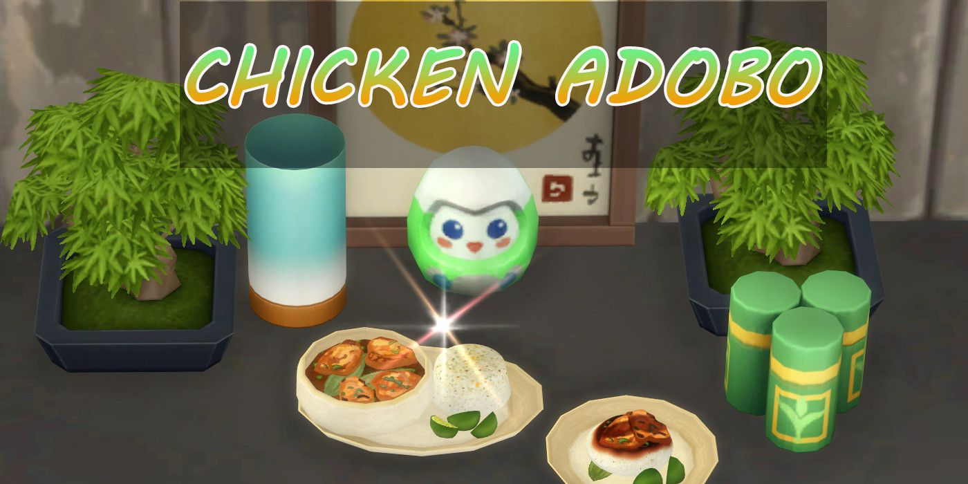Sims 4 screenshot of plates full of chicken adobo sitting on a table, accompanied by various Asian themed decorative objects.