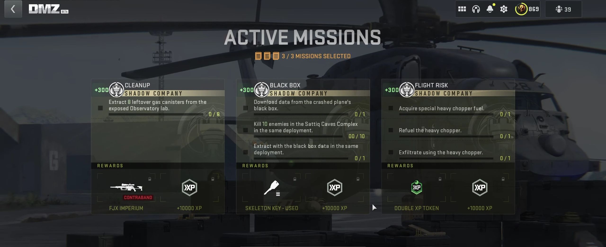 Screenshot of in-game menue showcasing the Cleanup Mission objectives and rewards. 