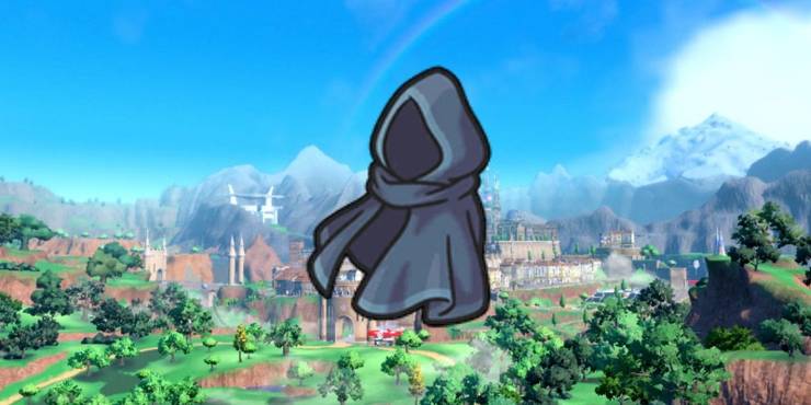 Pokemon Scarlet & Violet Covert Cloak Item Sprite with a forest and fields in the background.
