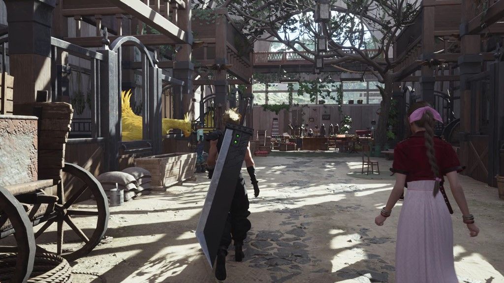 Cloud and Aerith walk through the Chocobo Ranch in Final Fantasy 7 Rebirth