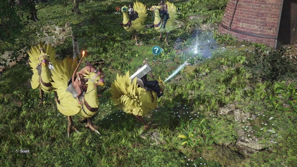 Cloud and Red XIII ride chocobos in the Final Fantasy 7 Rebirth grasslands area