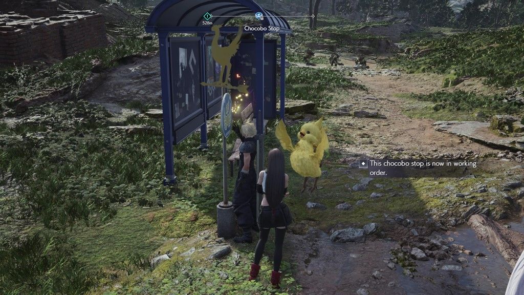 Cloud fixes a signpost for a fast travel point helping a Final Fantasy 7 Rebirth chocobo chick