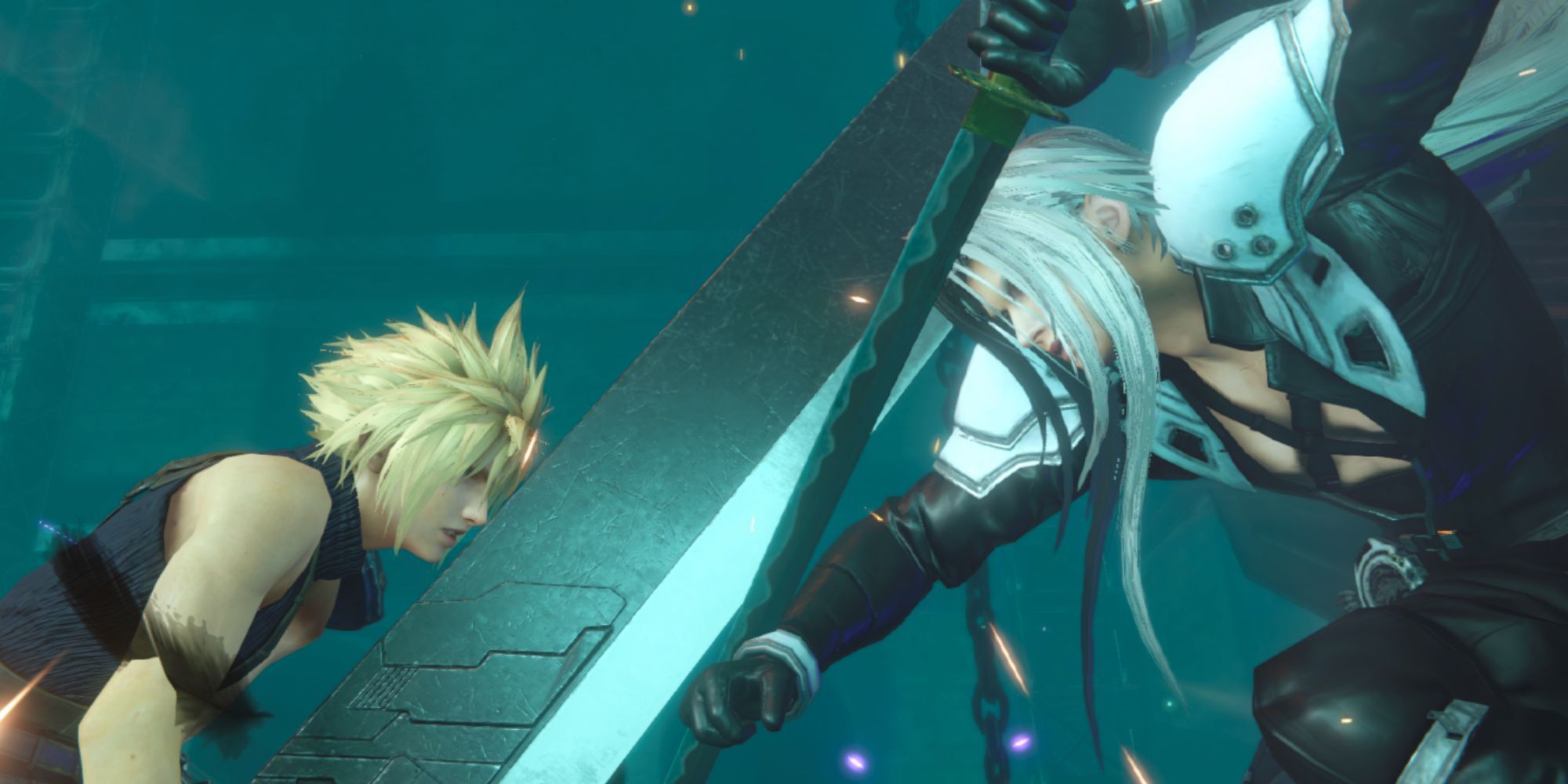 Cloud Strife and Sephiroth clash swords while fighting at the beginning of Final Fantasy 7 Ever Crisis
