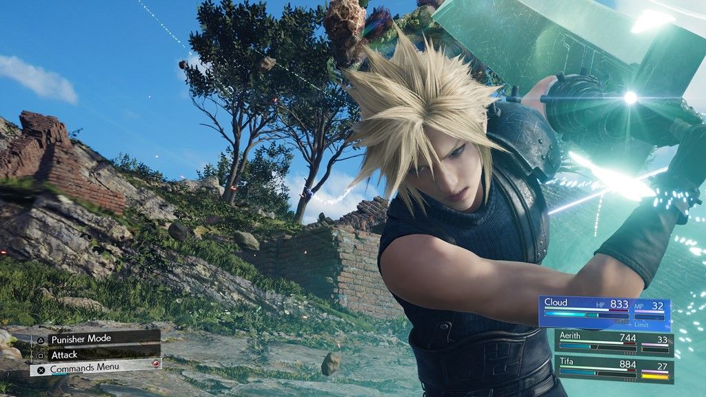 Cloud Strife swings his Buster Sword to the side in a Final Fantasy 7 Rebirth battle