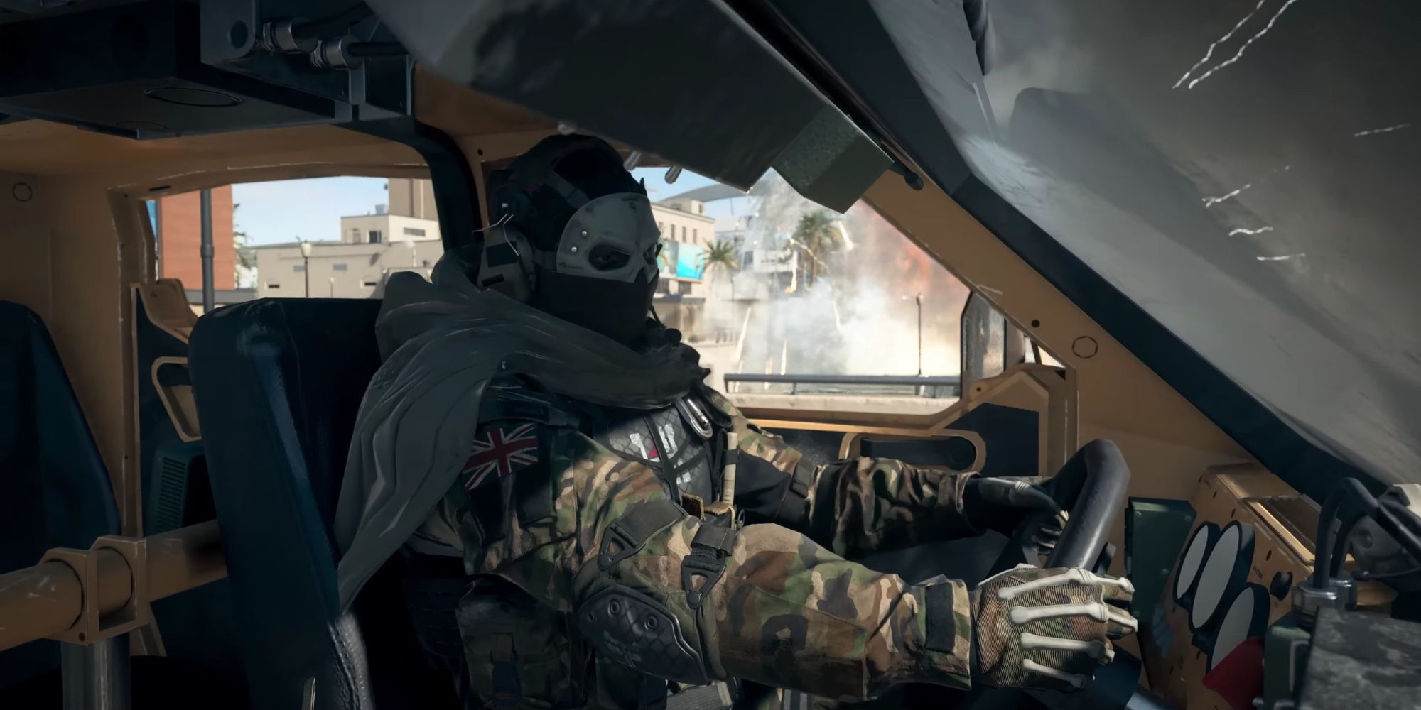 A cenimatic shot of a player driving a vehicle in COD Warzone DMZ.