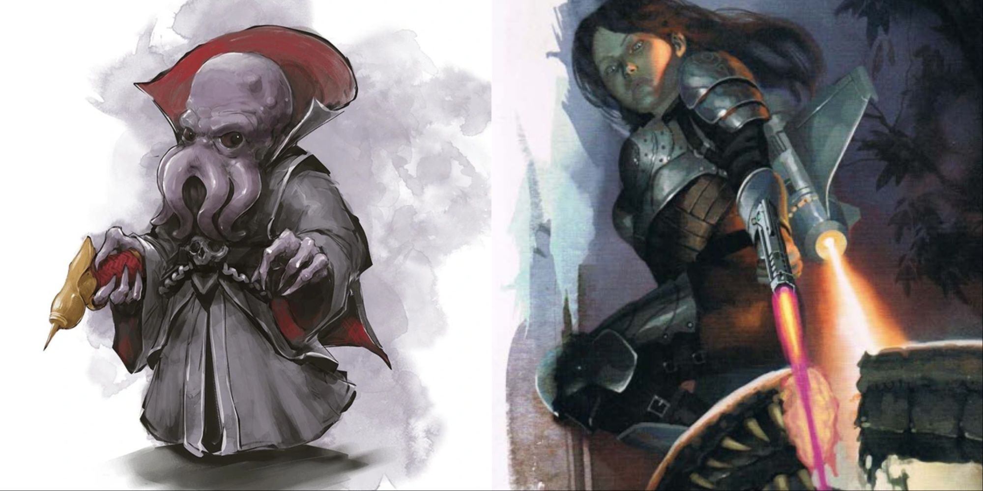 Dungeons and Dragons Gnome Mind Flayer Holding Small Firearm And Human Firing A Laser via Wizards of the Coast Icewind Dale
