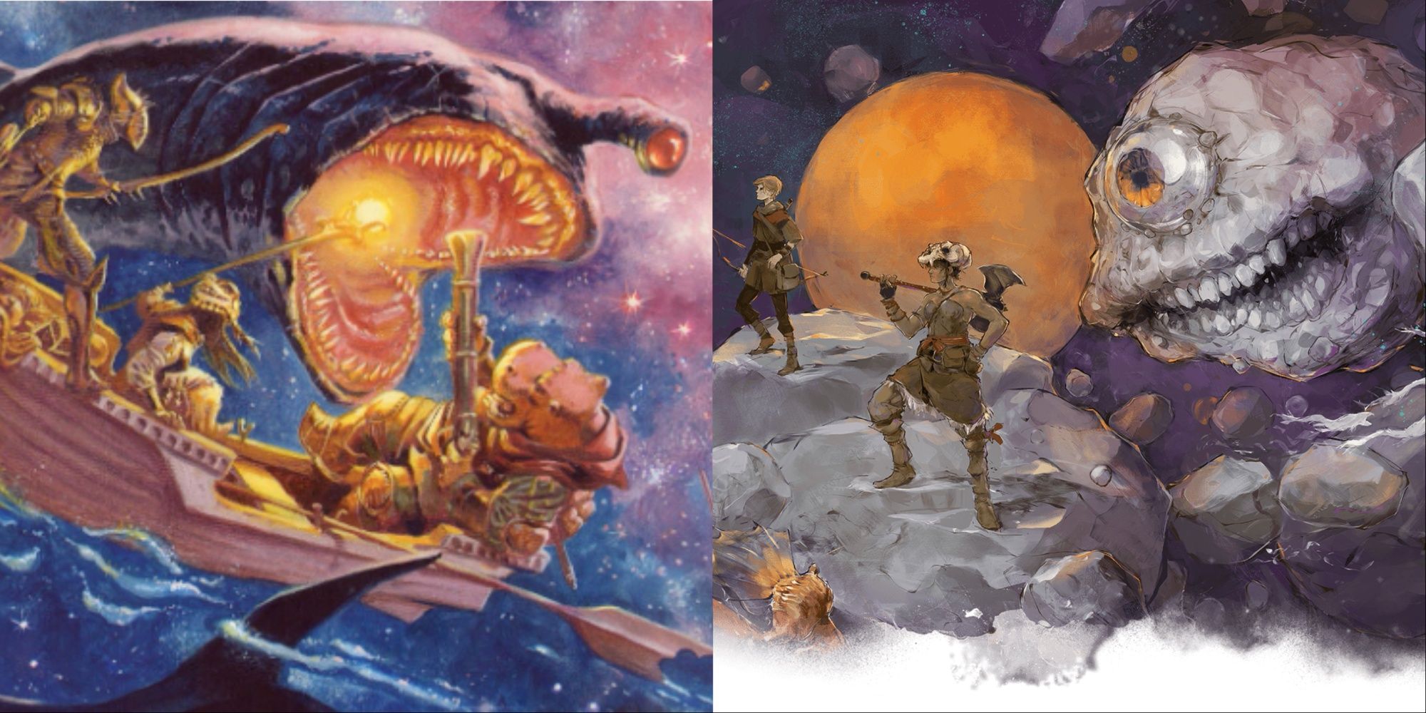 Dungeons And Dragons Giff Firing Musket Into Space Creature On A Ship And Eye Monger Watching Explorers via Wizards of the Coast Spelljammer
