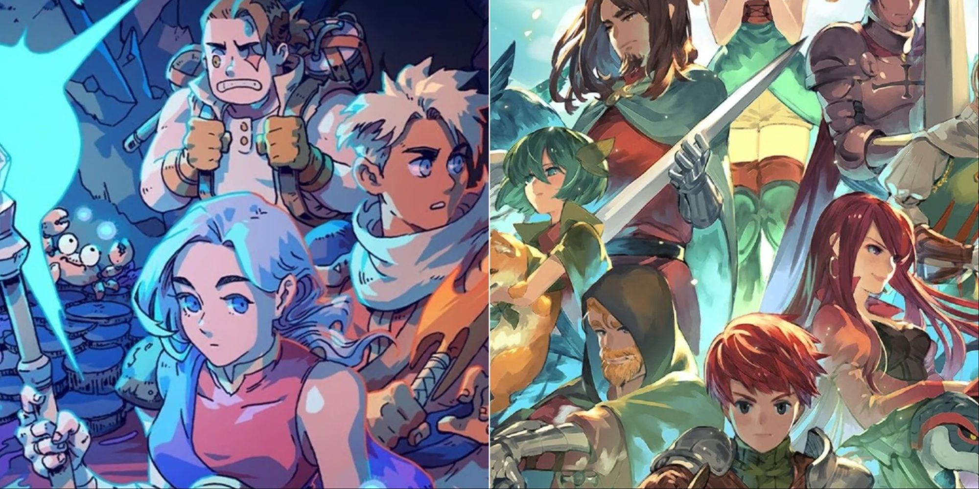 A collage showing the roster of Sea of Stars on the left and the characters of Chained Echoes on the right.