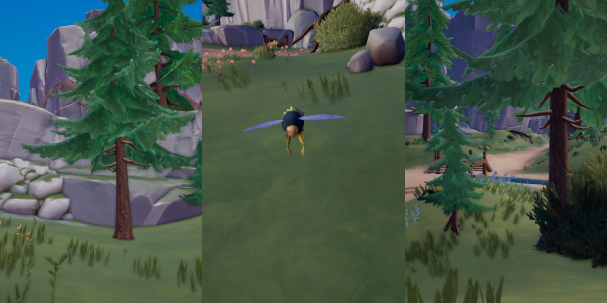 Split image featuring two areas of Bahari Bay with Heartwood trees and a Bahari Bee in flight in Palia. 